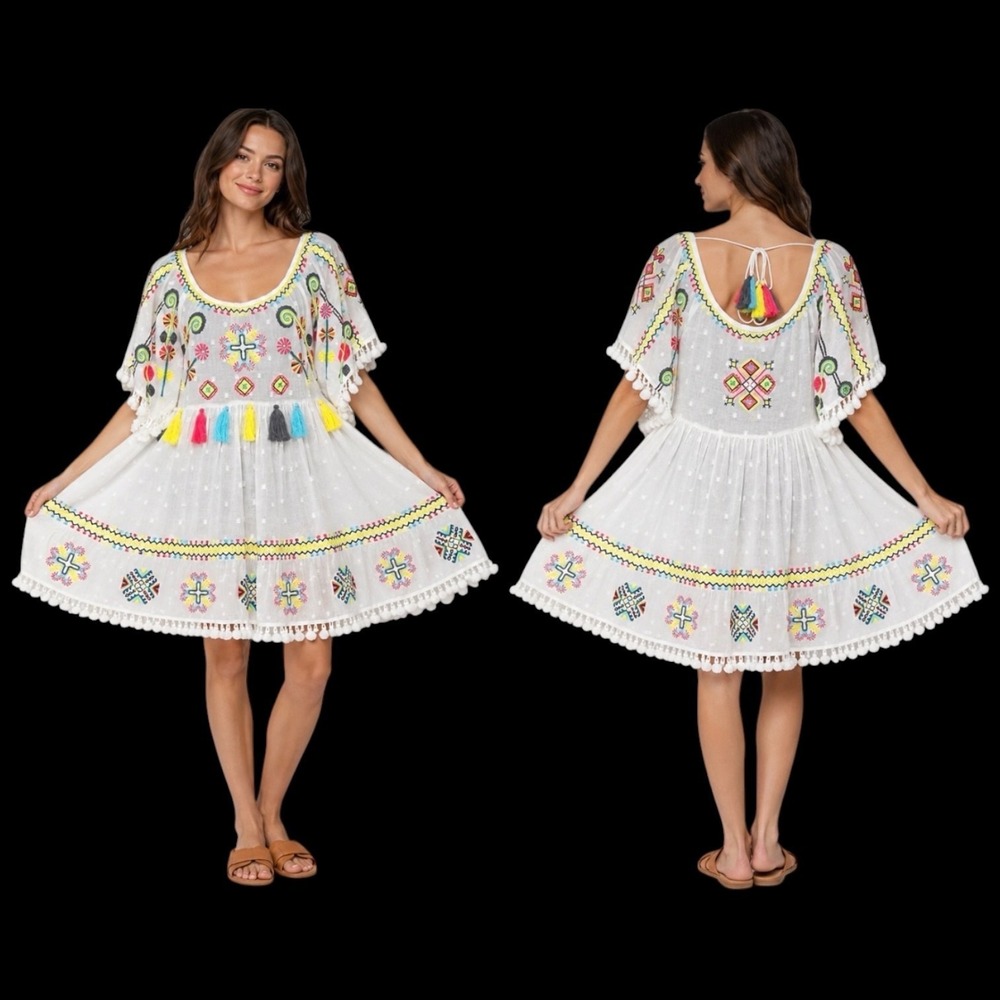 Cousin Earl Embroidered Boho Tassel‎ Peasant Dress Women's Small Festival Tunic